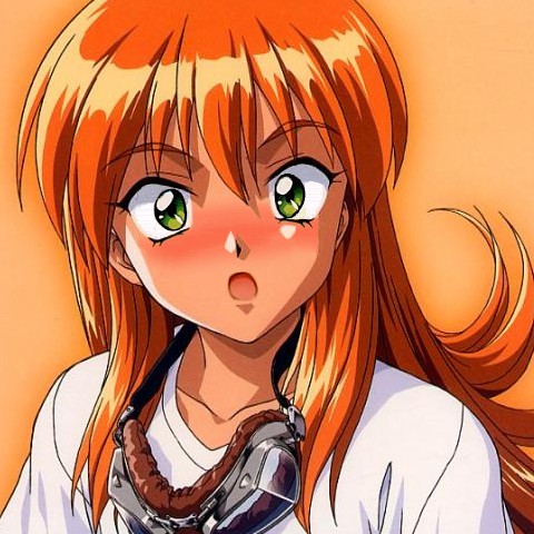 1girl akai_homura blush goggles green_eyes long_hair lowres orange_(color) orange_background orange_hair redhead shocked surprise surprised tokimeki_memorial tokimeki_memorial_2