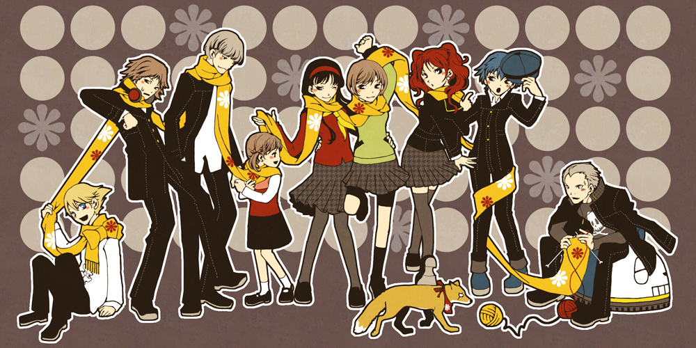 doujima_nanako fox gengendou hanamura_yousuke headphones headphones_around_neck kujikawa_rise kuma_(persona_4) narukami_yuu persona persona_4 satonaka_chie scarf seta_souji shared_scarf shirogane_naoto tatsumi_kanji