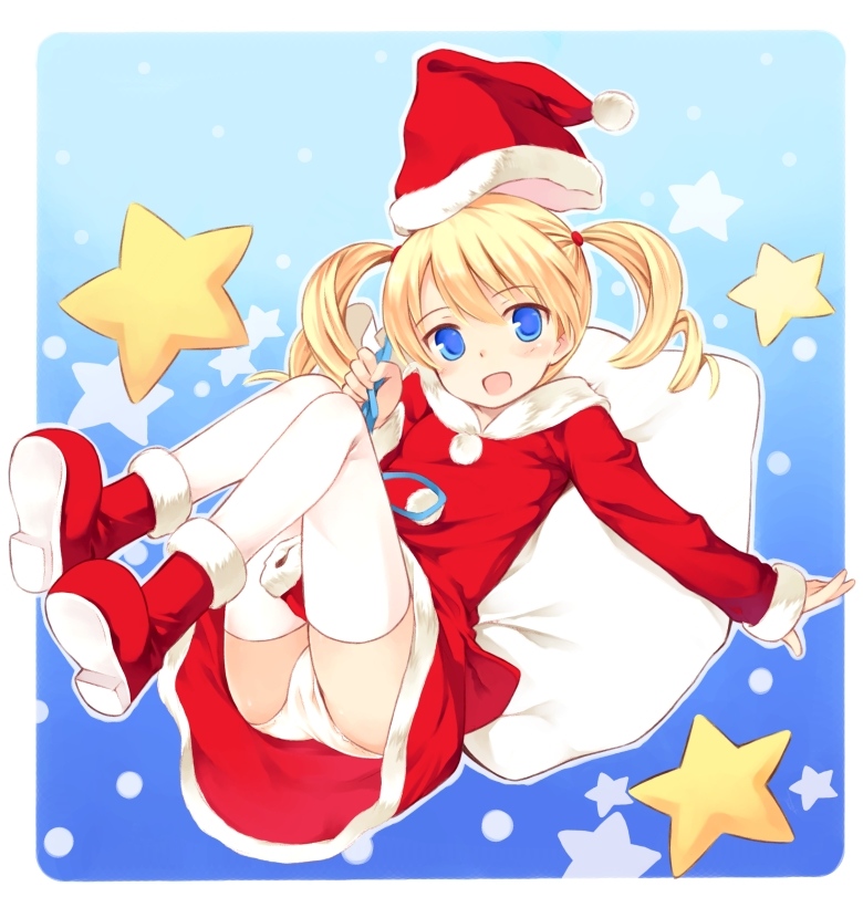 blonde_hair blue_eyes drill_hair hat kurasuke long_hair open_mouth original panties sack santa_costume santa_hat smile star stars stocking_cap thigh-highs thighhighs twin_drills twintails underwear white_legwear