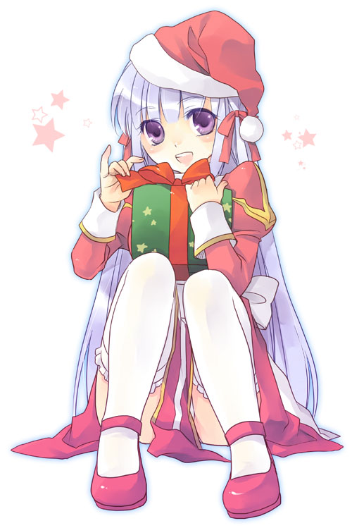 christmas gift hat high_priest high_priestess mary_janes minase_ruruu panties purple_eyes ragnarok_online santa_hat shoes sitting smile stocking_cap thigh-highs thighhighs underwear violet_eyes