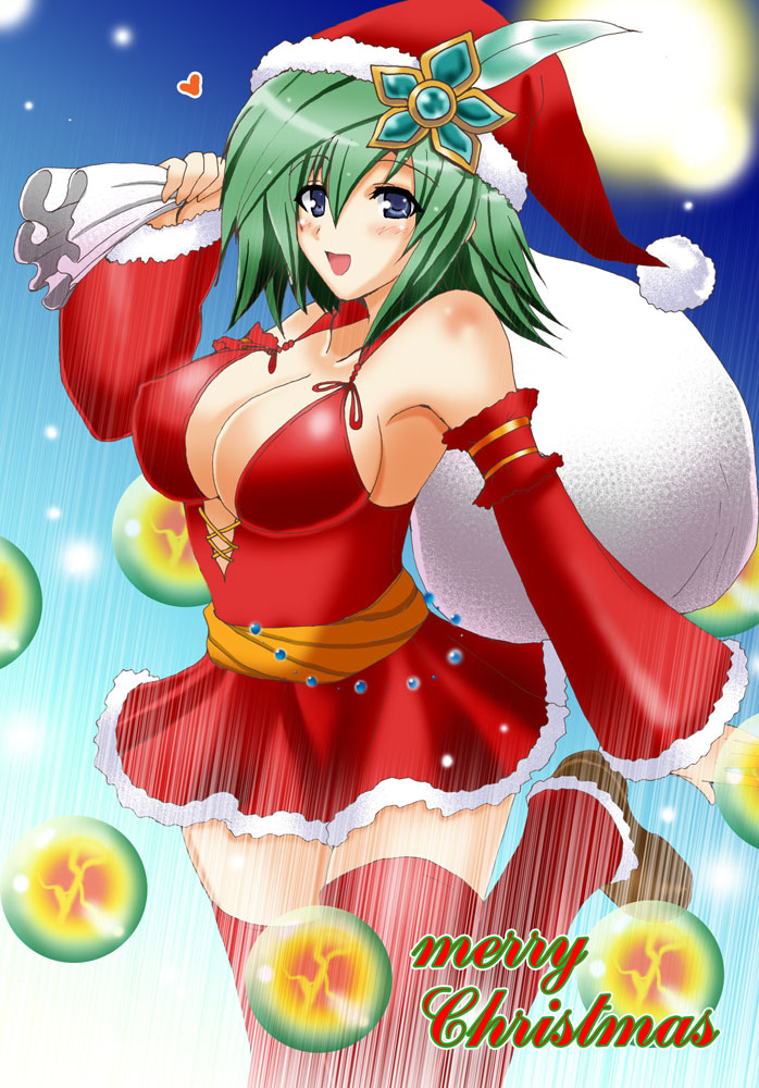 bag breasts christmas cleavage erect_nipples final_fantasy final_fantasy_iv green_hair heart magic rydia sack santa_costume solo thigh-highs thighhighs yasakani_an