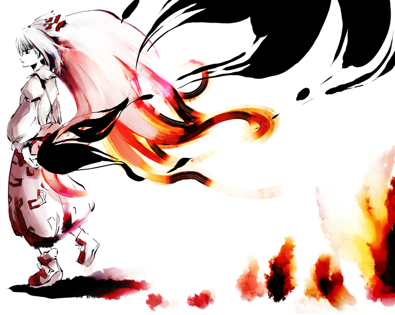 fire fujiwara_no_mokou hair_ribbon hair_ribbons long_hair pants red_eyes ribbon ribbons touhou white_hair