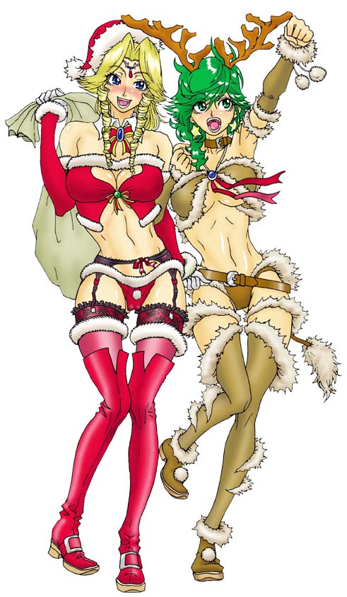 adult air_punch animal_costume antlers bag belt blonde_hair boots breasts choker christmas circlet cleavage clenched_hands collar detached_collar detached_sleeves drill_hair elbow_gloves final_fantasy final_fantasy_iv fist frilled_thighhighs frills garter_belt gloves green_hair hand_on_hip hat lingerie long_hair midriff multiple_girls o/ panties raised_fist reindeer_costume rosa_farrell rydia sack santa_costume santa_hat shuninshunin simple_background tail thigh-highs thigh_boots thighhighs tiara underboob underwear wing_collar