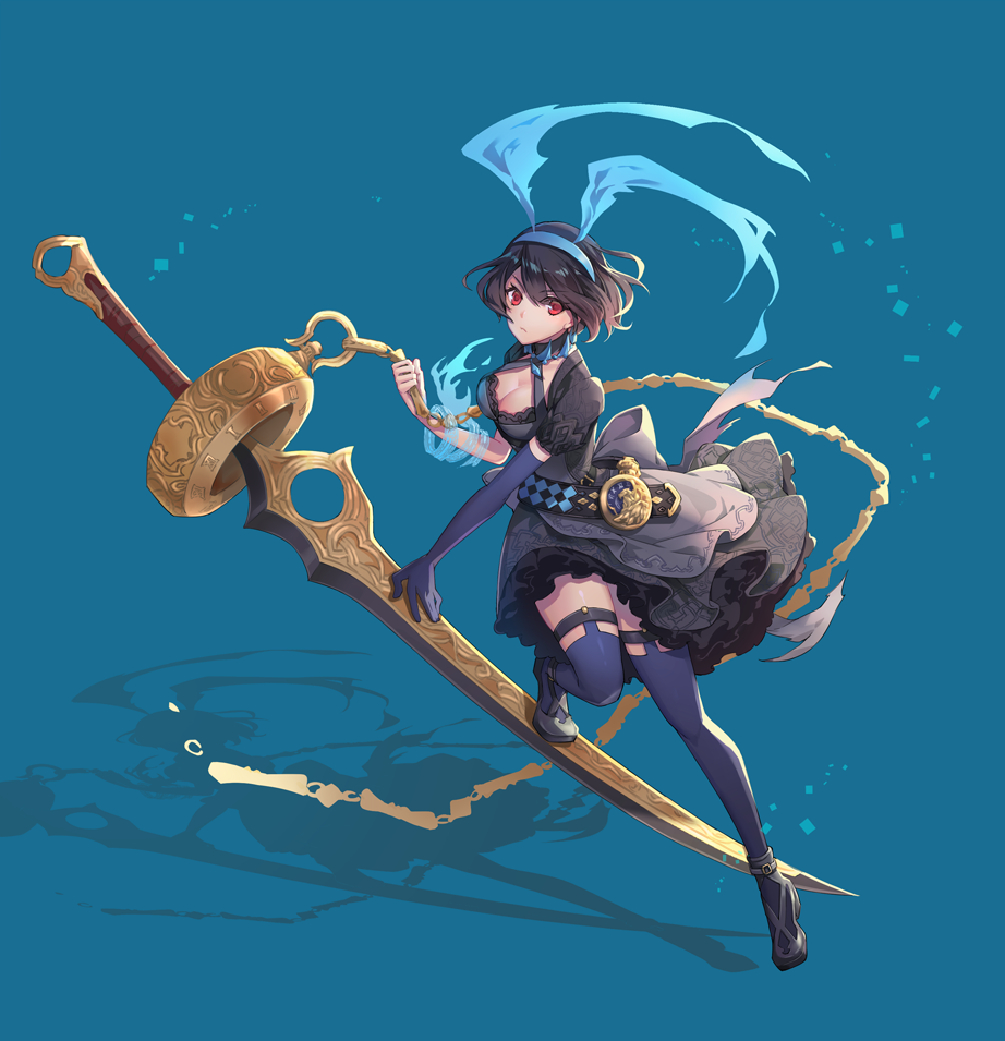 1girl alice_(sinoalice) belt black_legwear blue_background blue_hair breasts chains cleavage dress elbow_gloves eyelashes frills full_body gloves glowing holding holding_weapon kisano_takumi looking_at_viewer pale_skin puffy_short_sleeves puffy_sleeves red_eyes shadow short_hair short_sleeves sinoalice solo sword thigh-highs weapon