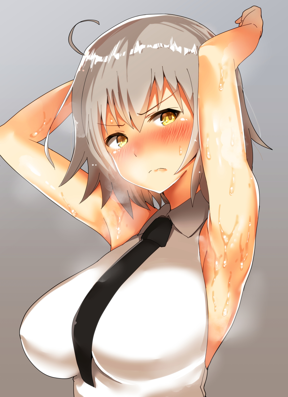 1girl ahoge arito_arayuru armpits arms_up blush breasts fate/grand_order fate_(series) gradient gradient_background grey_background highres jeanne_alter large_breasts necktie ruler_(fate/apocrypha) short_hair silver_hair sweat yellow_eyes