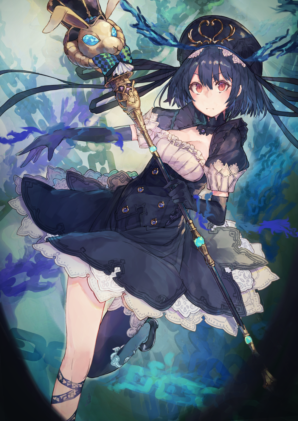 1girl alice_(sinoalice) blue_hair breasts buttons cleavage dress elbow_gloves eyelashes frills full_body gloves hat highres holding kikkaiki patterned_clothing puffy_short_sleeves puffy_sleeves red_eyes rod short_hair short_sleeves sinoalice solo strap thigh-highs weapon