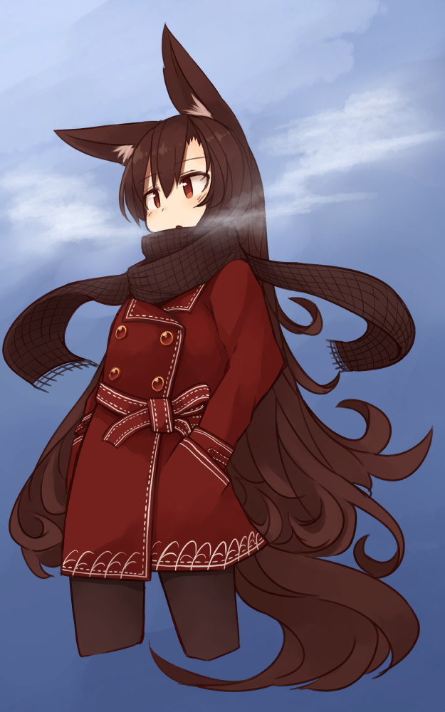 1girl alternate_costume animal_ears brown_hair hand_in_pocket imaizumi_kagerou kaginoni long_hair open_mouth red_eyes scarf solo tail touhou very_long_hair wolf_ears wolf_tail