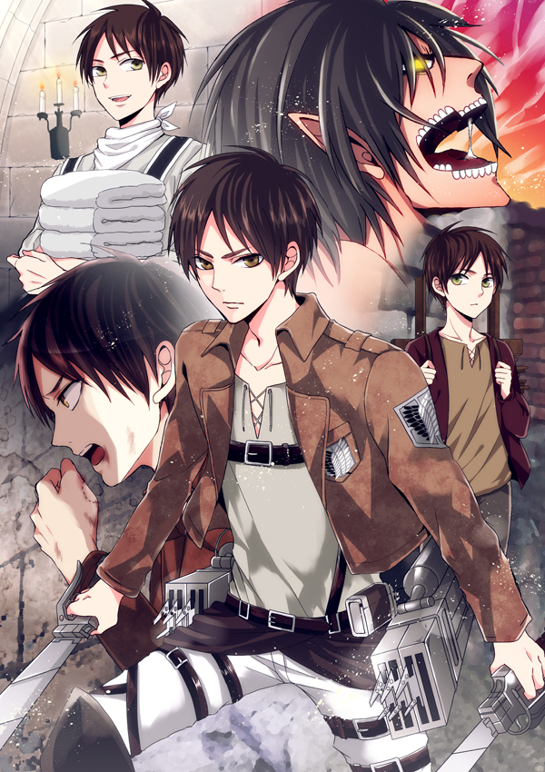 1boy :d age_difference belt black_hair brown_eyes brown_hair brown_jacket brown_pants brown_shirt candle closed_mouth collarbone dual_wielding eren_yeager green_eyes grey_shirt holding holding_sword holding_weapon jacket looking_at_viewer maine_(unap!) male_focus military military_uniform monster multiple_persona open_clothes open_jacket open_mouth pants pointy_ears round_teeth serious shingeki_no_kyojin shirt smile standing sword teeth three-dimensional_maneuver_gear time_paradox uniform weapon white_pants yellow_eyes