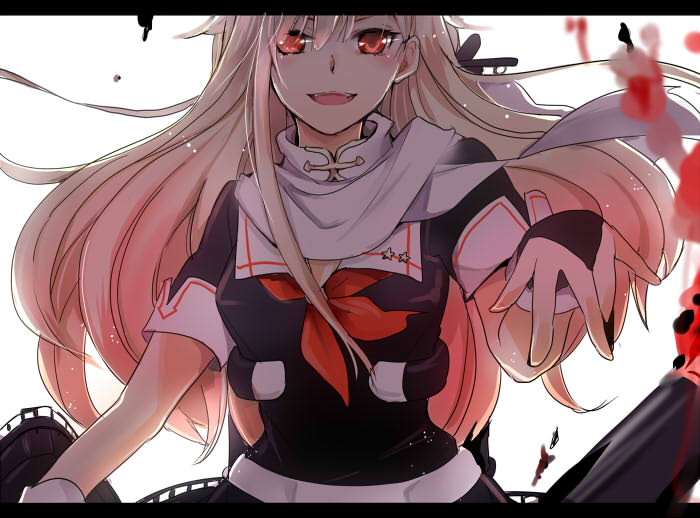 10s 1girl :d black_serafuku black_shirt bridal_gauntlets fangs floating_hair kantai_collection long_hair looking_at_viewer neckerchief open_mouth red_eyes red_neckerchief school_uniform serafuku shadow shirt silver_hair simple_background smile solo upper_body very_long_hair white_background yuudachi_(kantai_collection)