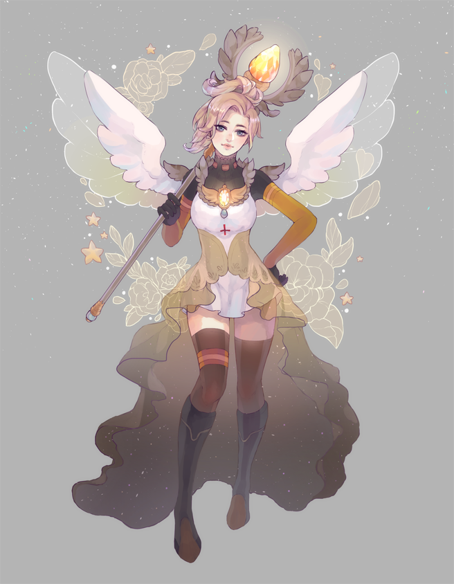 1girl adapted_costume blue_eyes dress feathered_wings flower frilled_dress frills gem glowing glowing_weapon grey_background hand_on_hip high_ponytail holding holding_staff jewelry long_hair looking_at_viewer magical_girl mercy_(overwatch) on_shoulder overwatch pendant petals rose rose_(jaakotodile) simple_background solo spread_wings staff star weapon white_wings wings