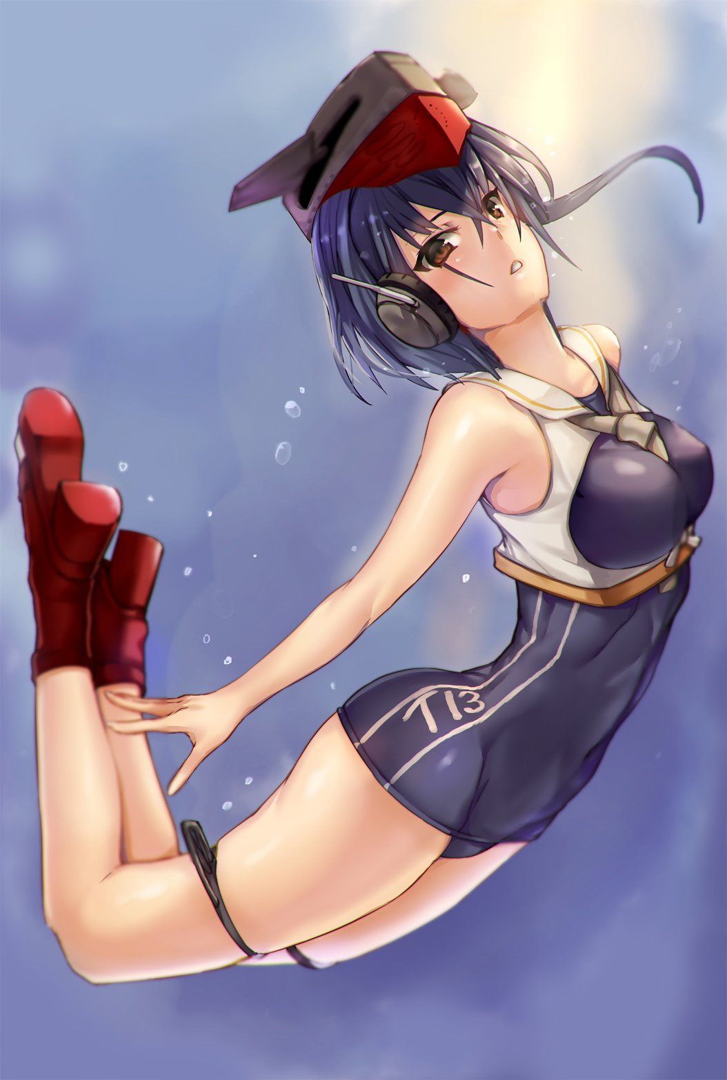 10s 1girl armadillo-tokage blue_hair blue_swimsuit boots breasts brown_eyes erect_nipples hat headphones high_heels highres i-13_(kantai_collection) kantai_collection looking_at_viewer medium_breasts one-piece_swimsuit parted_lips red_boots school_swimsuit see-through short_hair solo swimsuit thigh_strap underwater