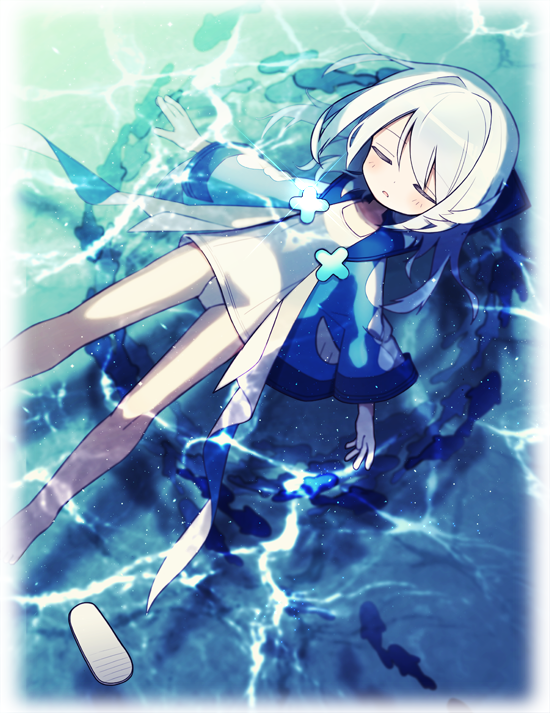 1girl afloat ameko-107 closed_eyes facing_viewer flip-flops from_above personification pokemon sandals solo water white_hair wishiwashi