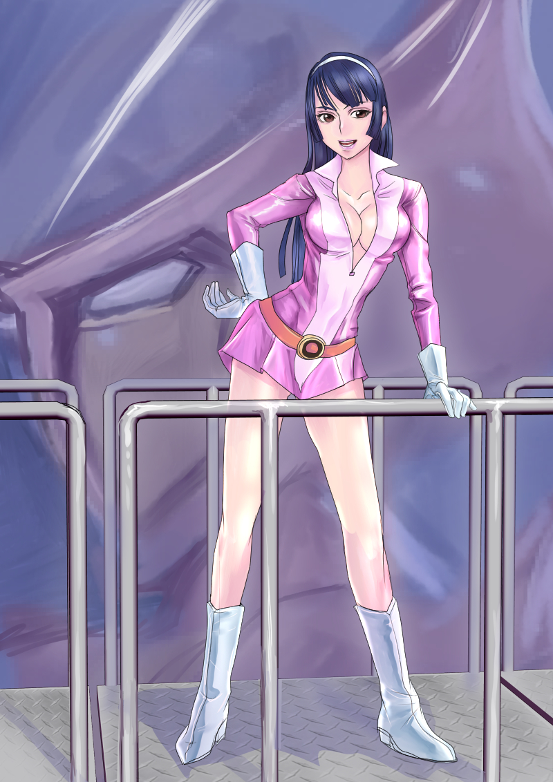 1girl 70s aphrodai_a artist_request belt black_hair boots breasts brown_eyes canopy catwalk cleavage gloves hand_on_hip hangar head hime_cut mazinger_z mecha oldschool pilot_suit science_fiction sketch uniform yumi_sayaka