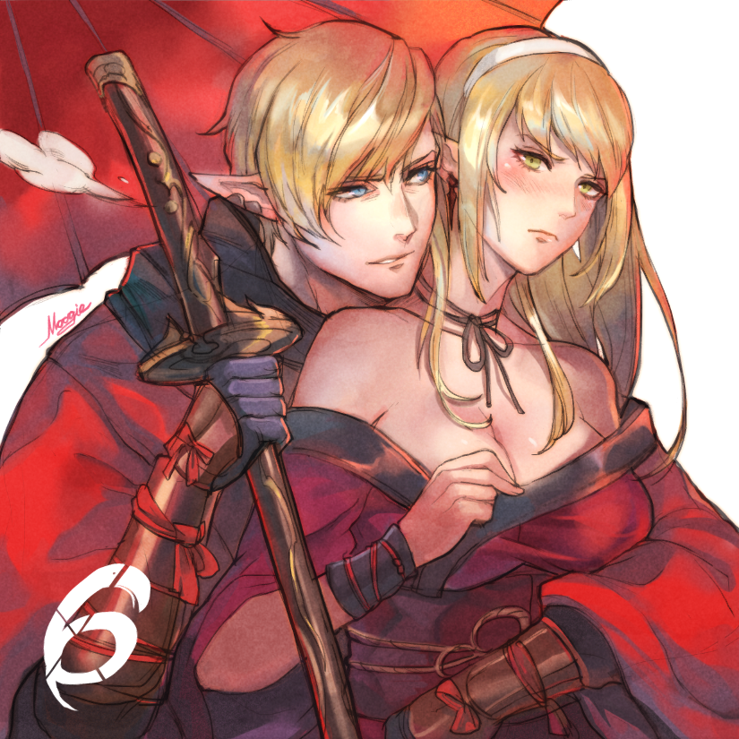 1boy 1girl 6 bare_shoulders blonde_hair blue_eyes blush breasts cleavage elezen elf final_fantasy final_fantasy_xiv gloves hairband japanese_clothes large_breasts long_hair looking_at_another number off_shoulder oriental_umbrella pointy_ears preyanan_suwanpramote samurai_(final_fantasy) simple_background sword umbrella weapon yellow_eyes