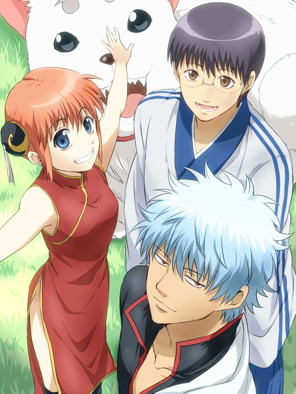 1girl 2boys :d black_hair black_legwear blue_eyes blue_hakama brown_eyes china_dress chinese_clothes collarbone day double_bun dress from_above gintama glasses grass grin hakama japanese_clothes kagura_(gintama) kimono long_hair looking_at_viewer maruki_(punchiki) multiple_boys open_mouth orange_hair outdoors outstretched_arms red_dress red_eyes sakata_gintoki shimura_shinpachi short_dress silver_hair sleeveless sleeveless_dress smile very_long_hair white_kimono