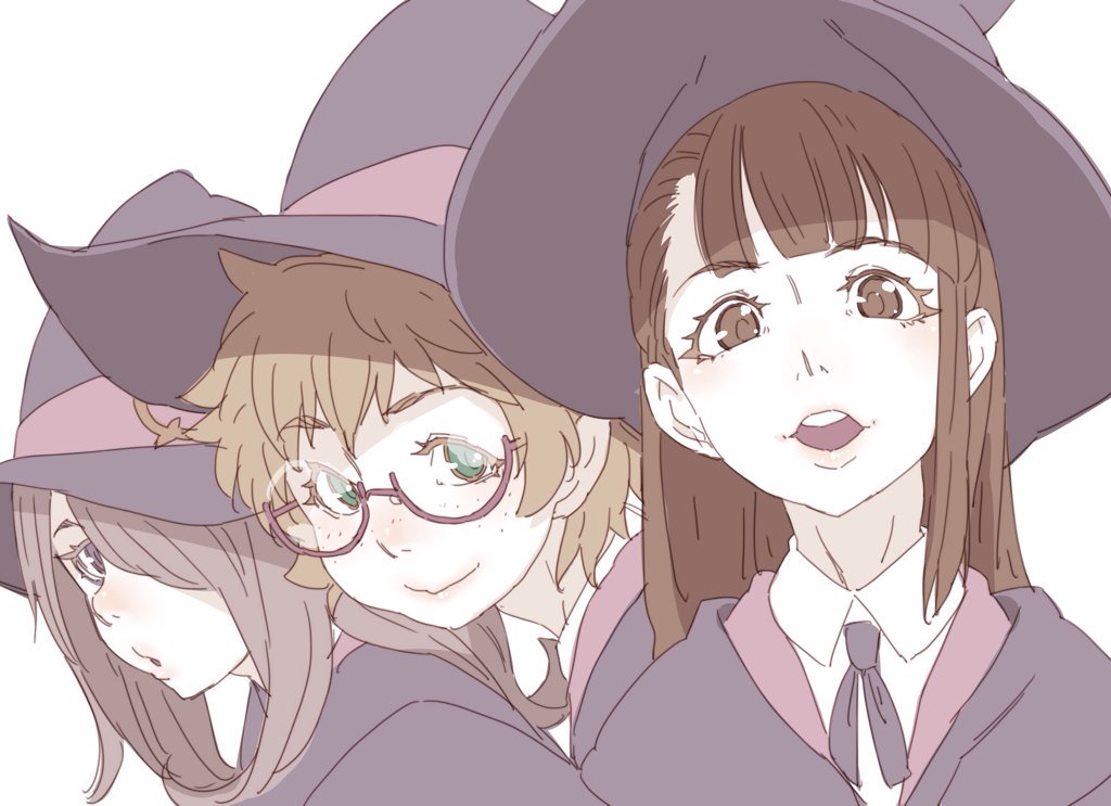 3girls brown_eyes brown_hair commentary glasses green_eyes hat kagari_atsuko lips little_witch_academia long_hair looking_at_viewer lotte_jansson multiple_girls one_eye_covered open_mouth semi-rimless_glasses short_hair smile sucy_manbavaran tasaka_shinnosuke under-rim_glasses violet_eyes white_background witch_hat