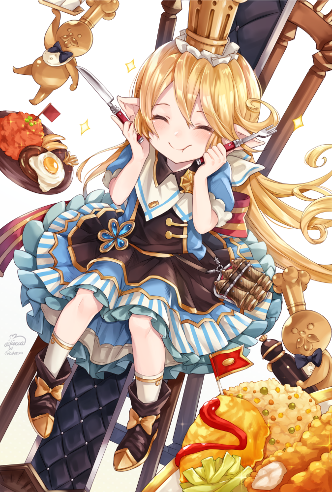 1girl :t ^_^ artist_name blonde_hair blue_dress blush boots brown_boots chair charlotta_(granblue_fantasy) closed_eyes closed_mouth cokecoco crown dress eyebrows_visible_through_hair food fork full_body granblue_fantasy hair_between_eyes harbin high_chair holding holding_fork holding_knife kneehighs knife long_hair mini_flag omurice pointy_ears puffy_short_sleeves puffy_sleeves short_sleeves signature sitting smile solo sparkle sunny_side_up_egg twitter_username very_long_hair white_background white_legwear