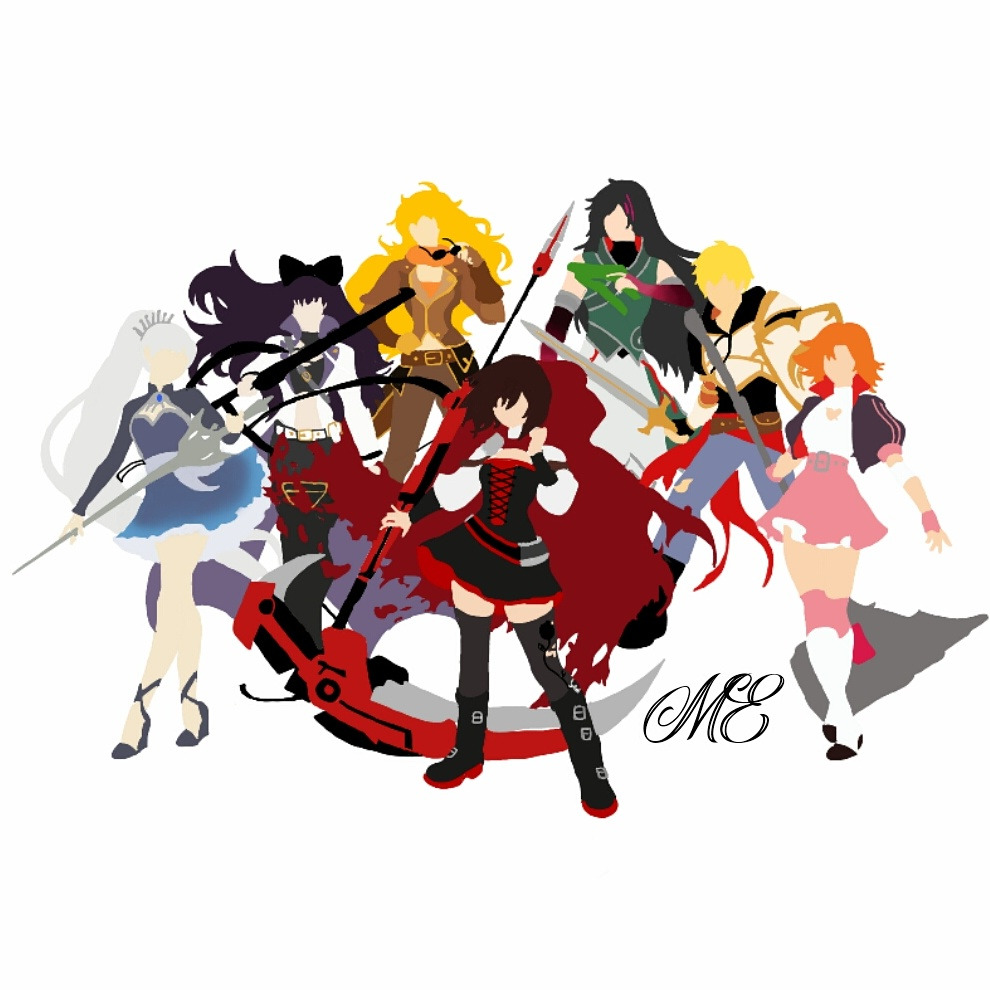 2boys 5girls blake_belladonna faceless gun gunblade holding holding_shield holding_sword holding_weapon jaune_arc lie_ren multiple_boys multiple_girls nora_valkyrie ruby_rose rwby scythe shield skirt sword weapon weiss_schnee yang_xiao_long