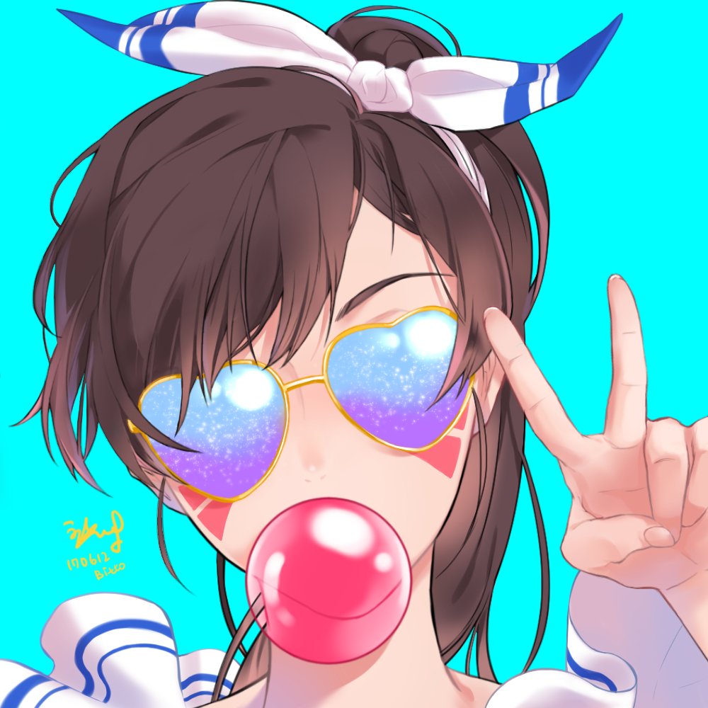 1girl bitto34 blue_background brown_hair bubble_blowing d.va_(overwatch) facial_mark heart-shaped_glasses overwatch solo v