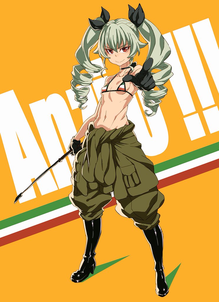 1girl anchovy anzio_military_uniform bare_shoulders bikini_top black_gloves boots breasts clothes_around_waist drill_hair girls_und_panzer gloves green_hair hair_ribbon jacket_around_waist looking_at_viewer navel pointing pointing_at_viewer red_eyes ribbon small_breasts smile solo tasaka_shinnosuke twintails