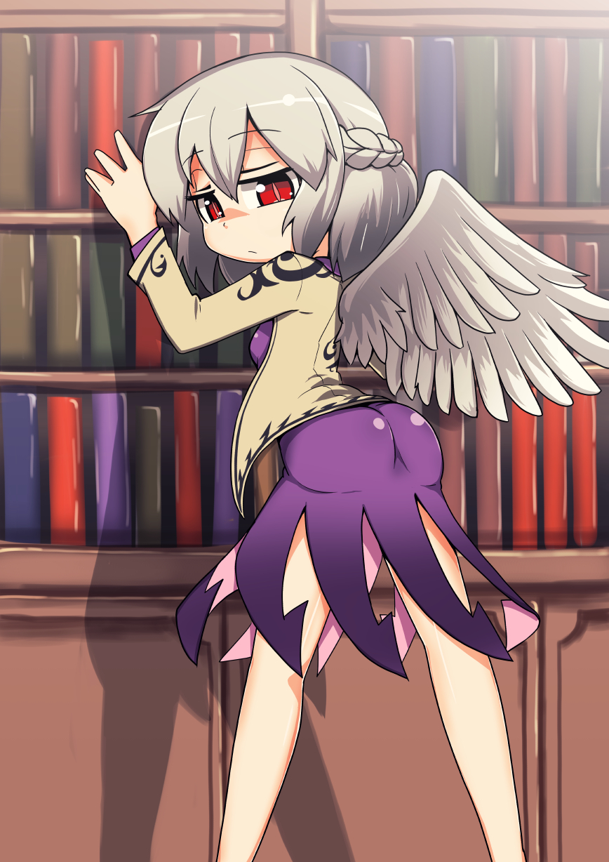 1girl albino ass bare_legs bookshelf braid breasts dress french_braid hajimu_orbital highres jacket kishin_sagume open_clothes open_jacket purple_dress red_eyes short_dress silver_hair single_wing slit_pupils small_breasts solo touhou wings