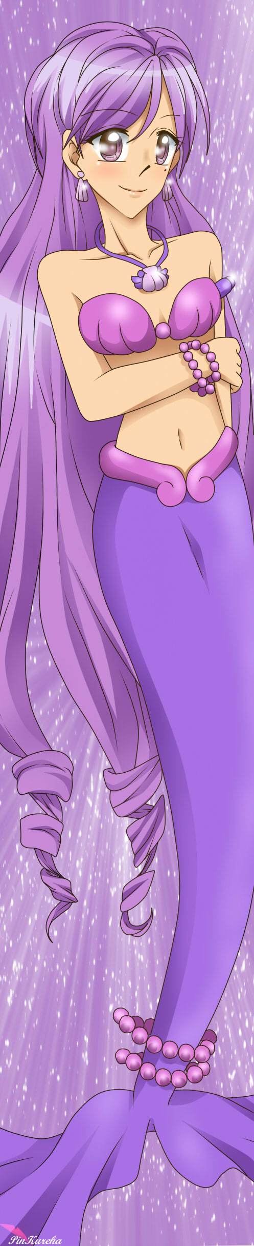 1girl absurdres caren_(mermaid_melody_pichi_pichi_pitch) full_body highres long_hair long_image luana_morado mermaid mermaid_melody_pichi_pichi_pitch monster_girl purple_background purple_hair shell_necklace smiley_face tall_image violet_eyes