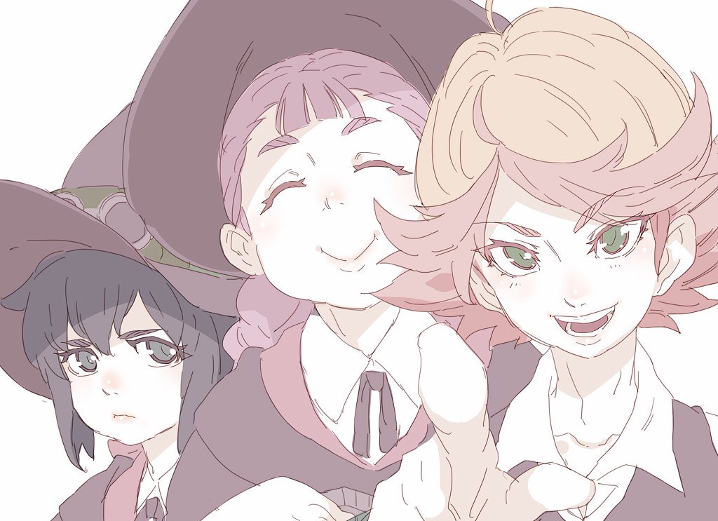 3girls amanda_o'neill black_eyes black_hair closed_eyes constanze_amalie_von_braunschbank-albrechtsberger green_eyes hat jasminka_antonenko little_witch_academia multicolored_hair multiple_girls open_mouth orange_hair pointing pointing_at_viewer purple_hair redhead short_hair smile tasaka_shinnosuke two-tone_hair witch_hat