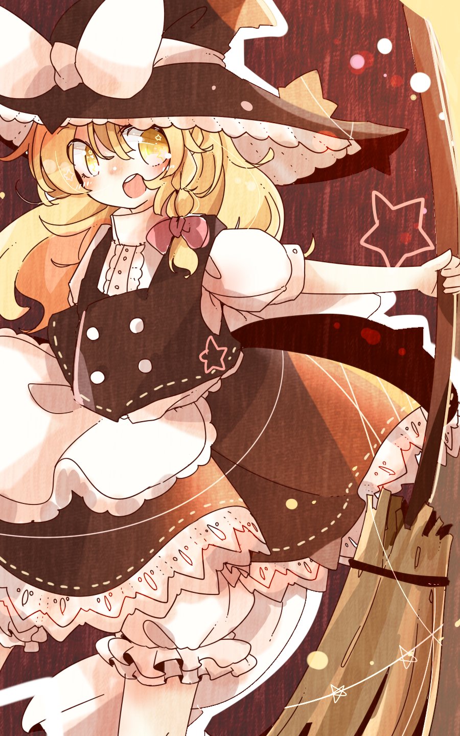 +_+ 1girl :d apron blonde_hair bloomers blush braid broom hat highres kirisame_marisa long_hair open_mouth round_teeth side_braid single_braid skirt skirt_set smile solo star teeth touhou tsumurikoto underwear vest waist_apron witch witch_hat yellow_eyes