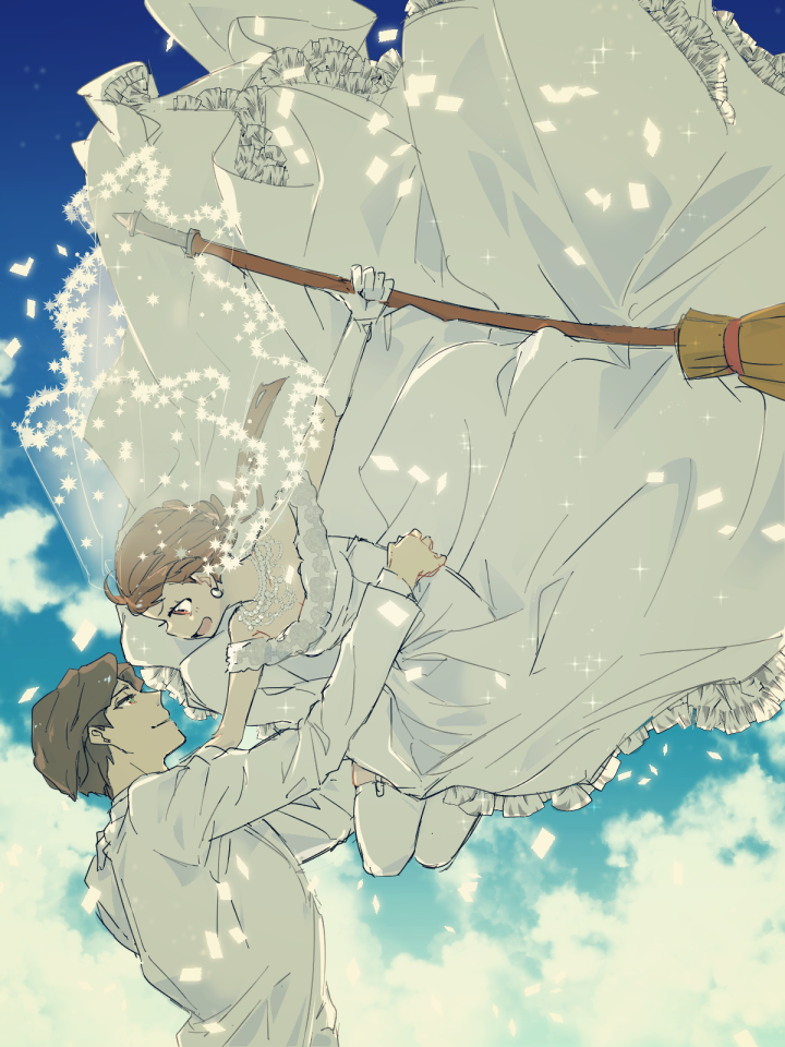 1boy 1girl andrew_hanbridge bridal_veil broom brown_hair clouds couple dress earrings elbow_gloves formal gloves green_eyes hanayama321 hetero jewelry kagari_atsuko light_smile little_witch_academia long_hair necklace open_mouth sketch sky suit thigh-highs veil wedding_dress white_dress white_gloves white_legwear