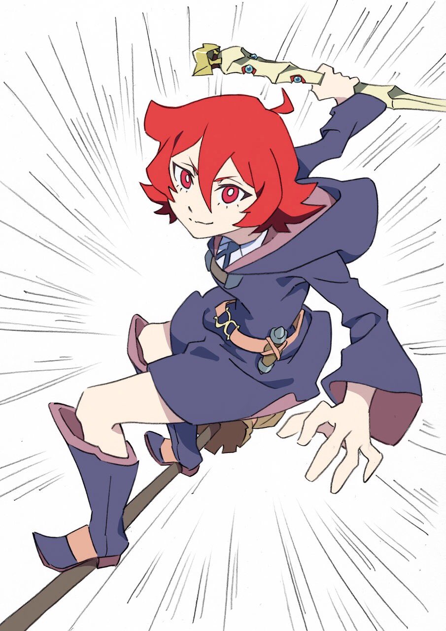 1girl ahoge arai_hiroki belt boots broom broom_riding chariot_du_nord closed_mouth emphasis_lines female flying full_body hair_between_eyes highres holding holding_staff hood hood_down hoodie little_witch_academia long_sleeves looking_at_viewer matching_hair/eyes red_eyes redhead robe shiny_chariot shiny_rod short_hair smile solo staff standing_on_broom white_background wide_sleeves witch