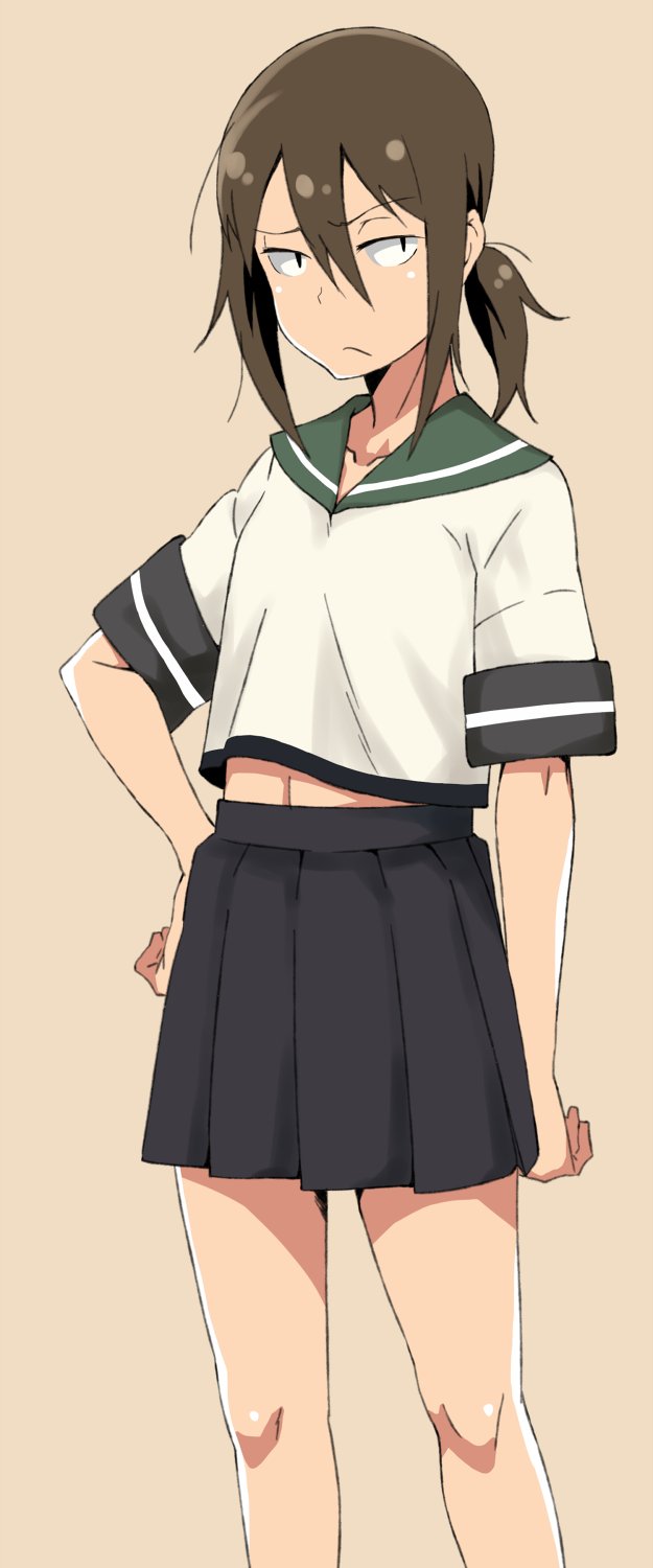 10s 1girl akitetsu brown_hair commentary_request fubuki_(kantai_collection) glaring hand_on_hip highres kantai_collection looking_at_viewer midriff navel ponytail school_uniform short_hair skirt solo