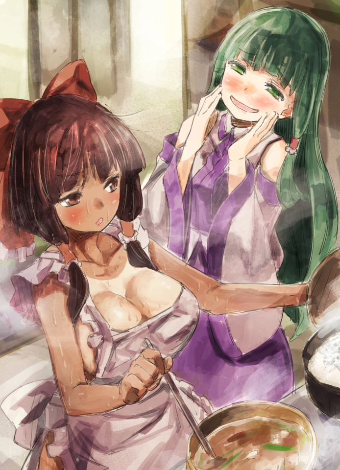 2girls apron bare_shoulders blush bow breasts brown_eyes brown_hair cooking detached_sleeves green_eyes green_hair hair_bow hair_tubes hakurei_reimu hands_on_own_cheeks hands_on_own_face kochiya_sanae large_breasts long_hair multiple_girls naked_apron open_mouth short_hair short_hair_with_long_locks skirt smile tan tanline touhou wide_sleeves yohane