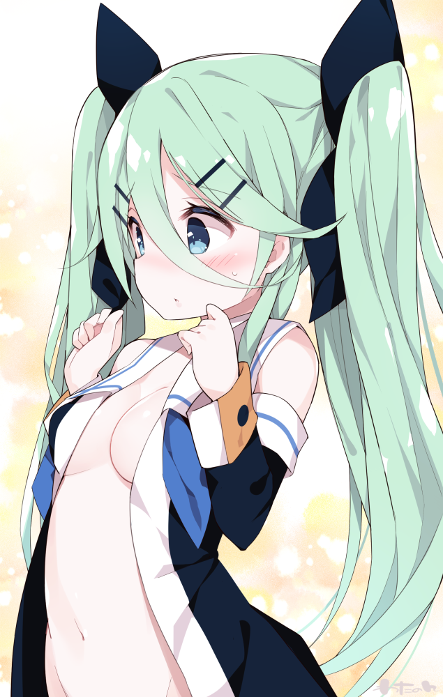 10s 1girl alternate_hairstyle artist_name bangs bare_shoulders black_ribbon blue_neckerchief blush breasts cleavage commentary_request detached_sleeves eyebrows_visible_through_hair green_eyes green_hair groin hair_between_eyes hair_ornament hair_ribbon hairclip hands_up kantai_collection long_hair medium_breasts midriff navel neckerchief open_clothes open_shirt parted_lips ribbon shirt sleeve_cuffs sleeveless sleeveless_shirt solo stomach sweatdrop twintails upper_body watanohara yamakaze_(kantai_collection)