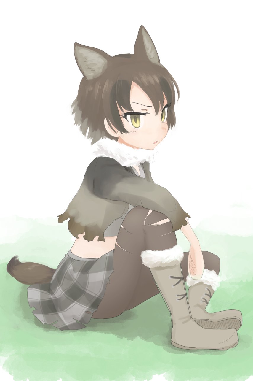 1girl animal_ears blush boots brown_hair fur_trim grey_hair highres hokkaido_wolf_(kemono_friends) k_canyon kemono_friends miniskirt multicolored_hair open_mouth short_hair sitting skirt solo tail thigh-highs torn_clothes two-tone_hair wolf_ears wolf_tail yellow_eyes