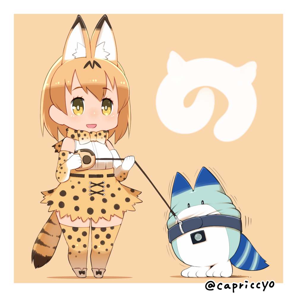 0_0 1girl :d animal_ears artist_name blonde_hair bow bowtie capriccyo chibi elbow_gloves eyebrows_visible_through_hair full_body gloves hair_between_eyes high-waist_skirt holding japari_symbol kemono_friends leash lucky_beast_(kemono_friends) motion_lines open_mouth orange_background serval_(kemono_friends) serval_ears serval_print serval_tail shadow shirt shoes skirt sleeveless sleeveless_shirt smile standing striped_tail tail thigh-highs tight twitter_username white_shirt yellow_eyes zettai_ryouiki