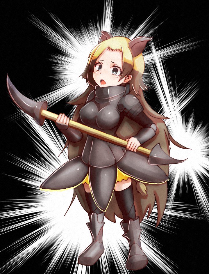 1girl armor armored_boots black_background blonde_hair boots brown_hair full_body grey_eyes kain_ty kemono_friends long_hair multicolored_hair open_mouth polearm rhinoceros_ears solo spear sumatran_rhinoceros_(kemono_friends) teeth thigh-highs two-tone_hair weapon