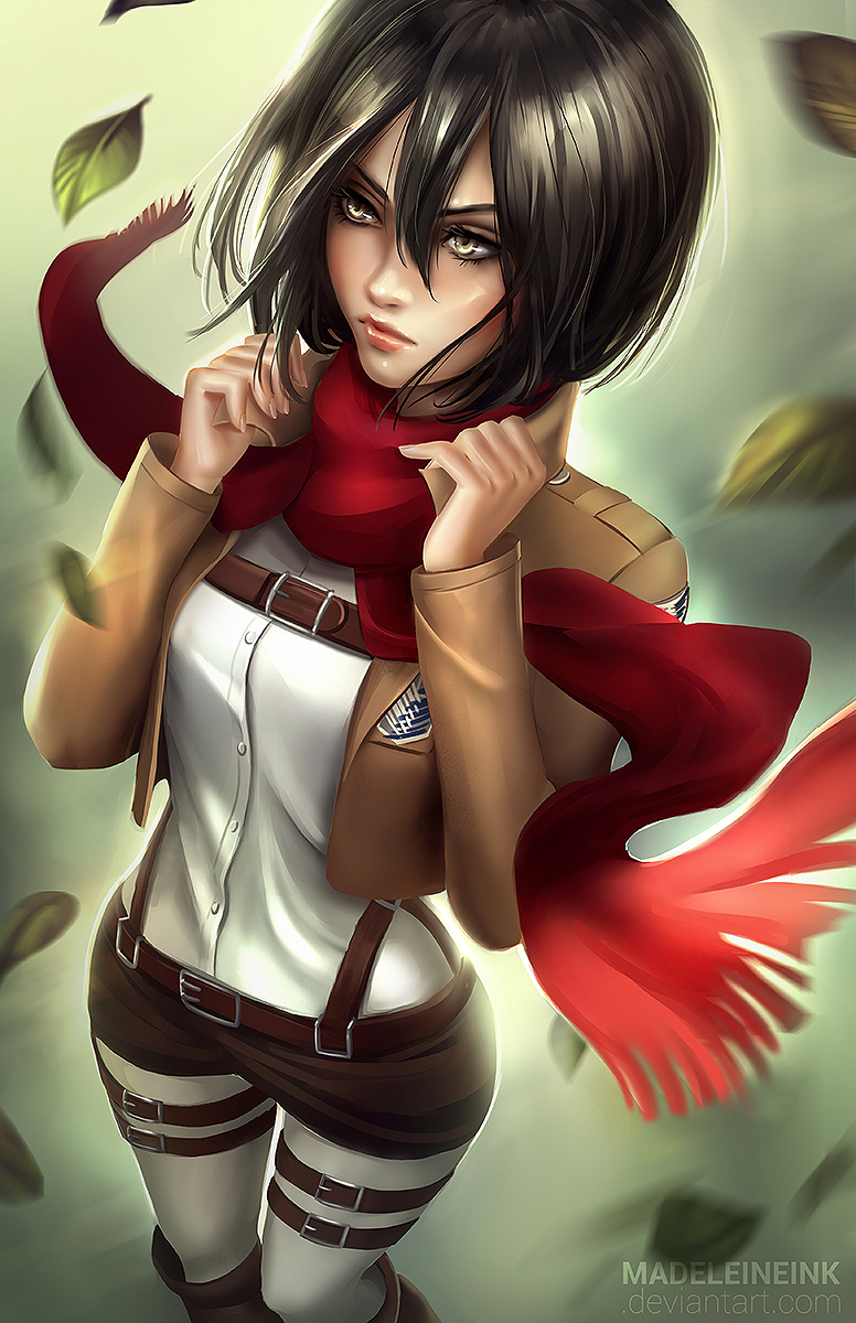 1girl artist_name belt black_hair boots brown_boots brown_jacket brown_shorts buttons closed_mouth commentary cropped_jacket deviantart_username falling_leaves fingernails hair_between_eyes highres jacket knee_boots leaf lips madeleine_bellwoar mikasa_ackerman nose open_clothes open_jacket red_lips red_scarf scarf shingeki_no_kyojin shirt short_hair short_shorts shorts solo standing suspender_shorts suspenders thigh_strap watermark web_address white_shirt