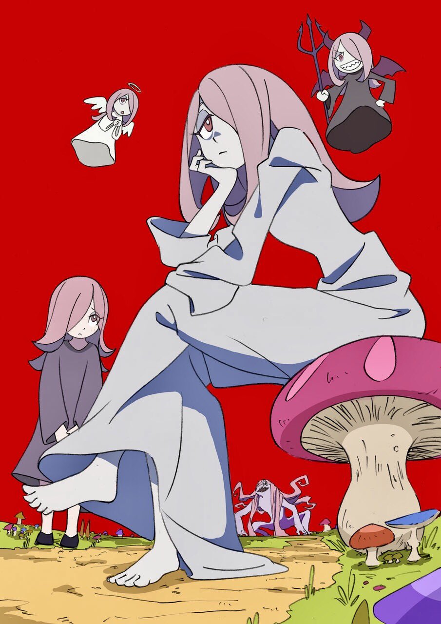 1girl angel angel_and_devil angel_wings arai_hiroki barefoot chin_rest demon demon_wings dress floating hair_over_one_eye half-closed_eyes halo highres horns little_witch_academia long_hair monster multiple_persona mushroom nightgown pale_skin path pink_hair pitchfork red_background road sharp_teeth simple_background sitting smile sucy_manbavaran teeth wings