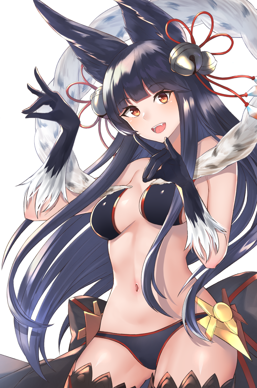1girl animal_ears bare_shoulders bell blue_hair breasts erun_(granblue_fantasy) fangs fox_ears fox_shadow_puppet fox_tail fur_trim gen_(gen_7254) gloves granblue_fantasy hair_bell hair_ornament highres jingle_bell long_hair looking_at_viewer medium_breasts navel open_mouth red_eyes solo tail thigh-highs yuel_(granblue_fantasy)