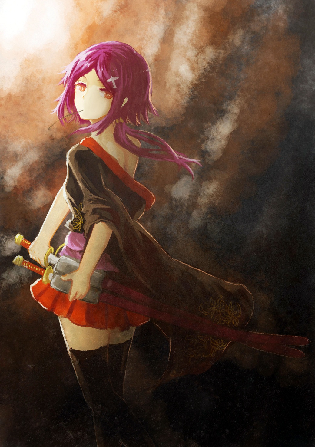 1girl black_legwear brown_clothes floating_hair hair_ornament highres holding holding_sheath holding_sword holding_weapon japanese_clothes light looking_at_viewer looking_back low_ponytail mouth_hold off_shoulder purple_hair red_eyes red_skirt sheath sheathed shouhou_(zhan_jian_shao_nyu) skirt solo standing straw_(stalk) sword ten_(5190176) thigh-highs weapon wide_sleeves zettai_ryouiki zhan_jian_shao_nyu