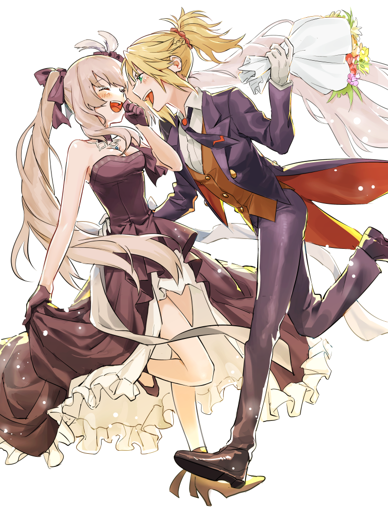 2girls bare_shoulders blonde_hair blush bow braid breasts choker closed_eyes commentary_request dashi_(minzoku_gb) dress eyebrows_visible_through_hair fate/grand_order fate_(series) feathers flower formal frilled_dress frills gloves green_eyes hair_bow hair_ornament high_heels high_ponytail holding_dress jewelry long_hair long_sleeves marie_antoinette_(fate/grand_order) medium_breasts mordred_(fate) mordred_(fate)_(all) multiple_girls necktie open_mouth purple_dress scrunchie simple_background standing standing_on_one_leg suit twintails very_long_hair vest waist_grab white_background yuri