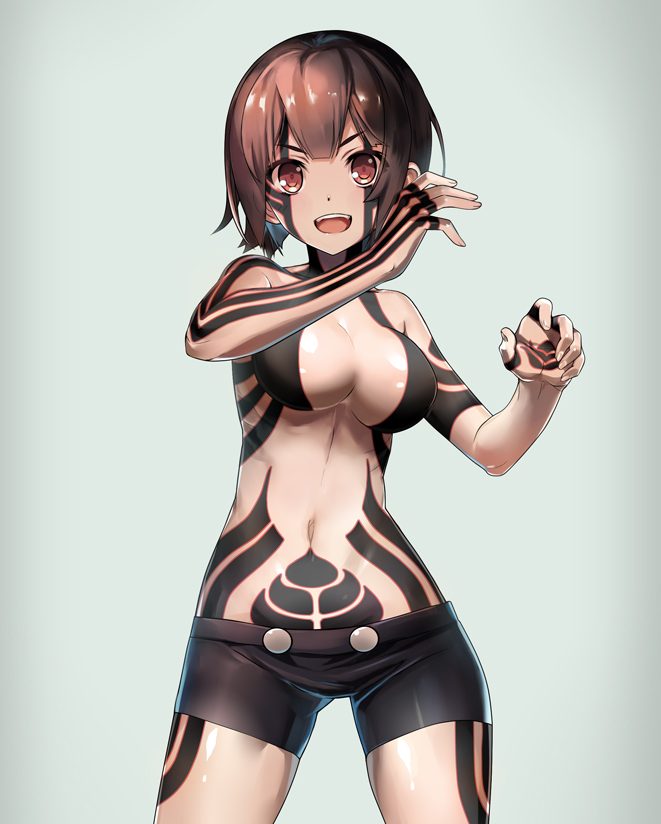 1girl :d breasts brown_eyes brown_hair cleavage hitoshura looking_at_viewer medium_breasts navel nyoronyoro open_mouth shin_megami_tensei_iii:_nocturne short_hair shorts smile solo standing tattoo teeth