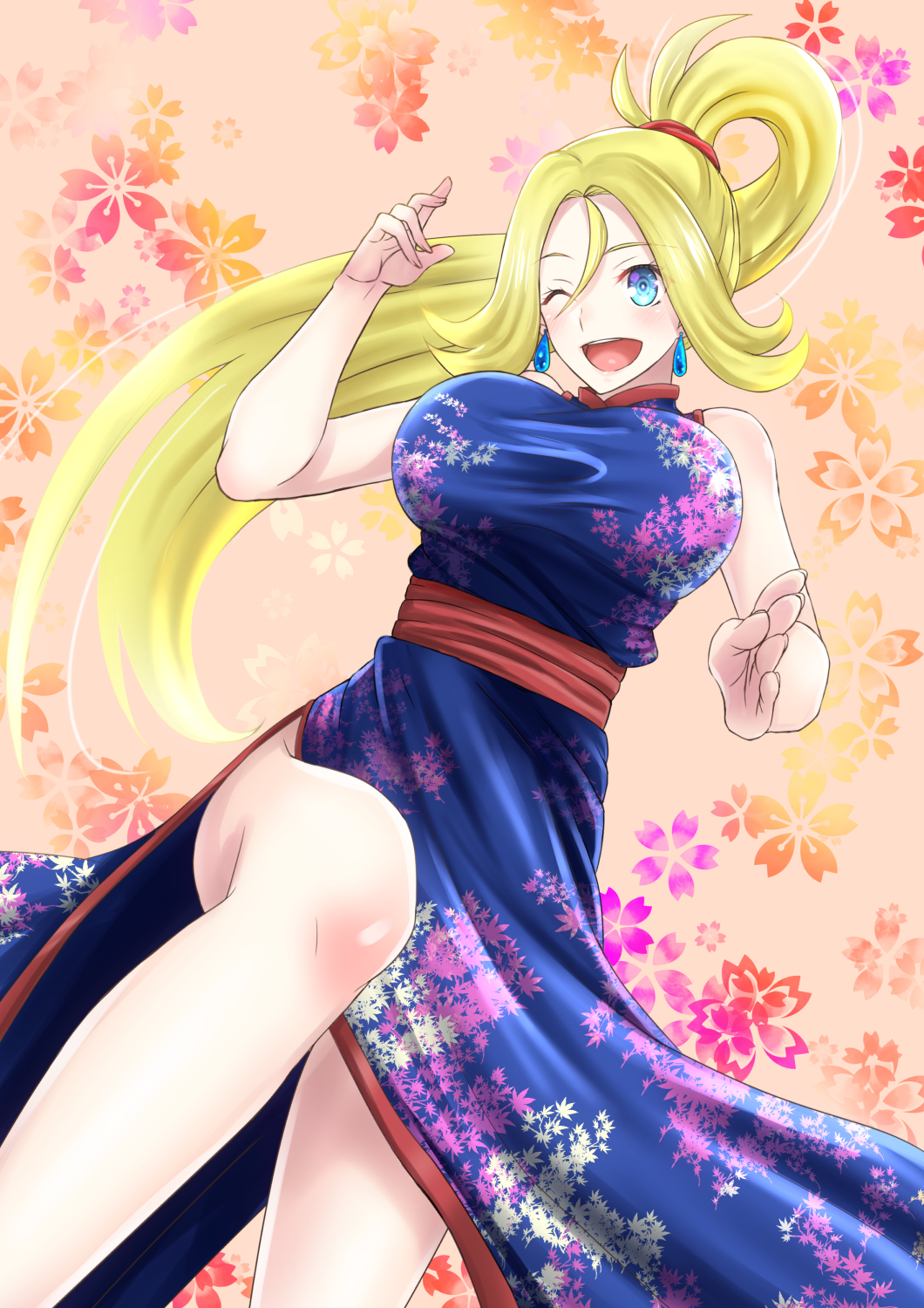 1girl alternate_breast_size alternate_costume blonde_hair china_dress chinese_clothes dress earrings female floral_background hair_between_eyes highres jewelry koruni_(pokemon) leaf_print long_hair looking_at_viewer one_eye_closed open_mouth pokemon pokemon_(game) pokemon_xy ponytail side_slit solo takecha