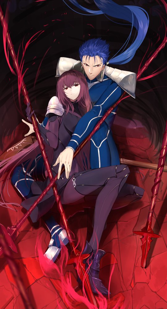 1boy 1girl armor blue_hair bodysuit covered_navel fate/grand_order fate/stay_night fate_(series) gae_bolg lancer long_hair pauldrons polearm ponytail purple_bodysuit purple_hair red_eyes scathach_(fate/grand_order) shoulder_armor spear touzai_(poppin_phl95) weapon
