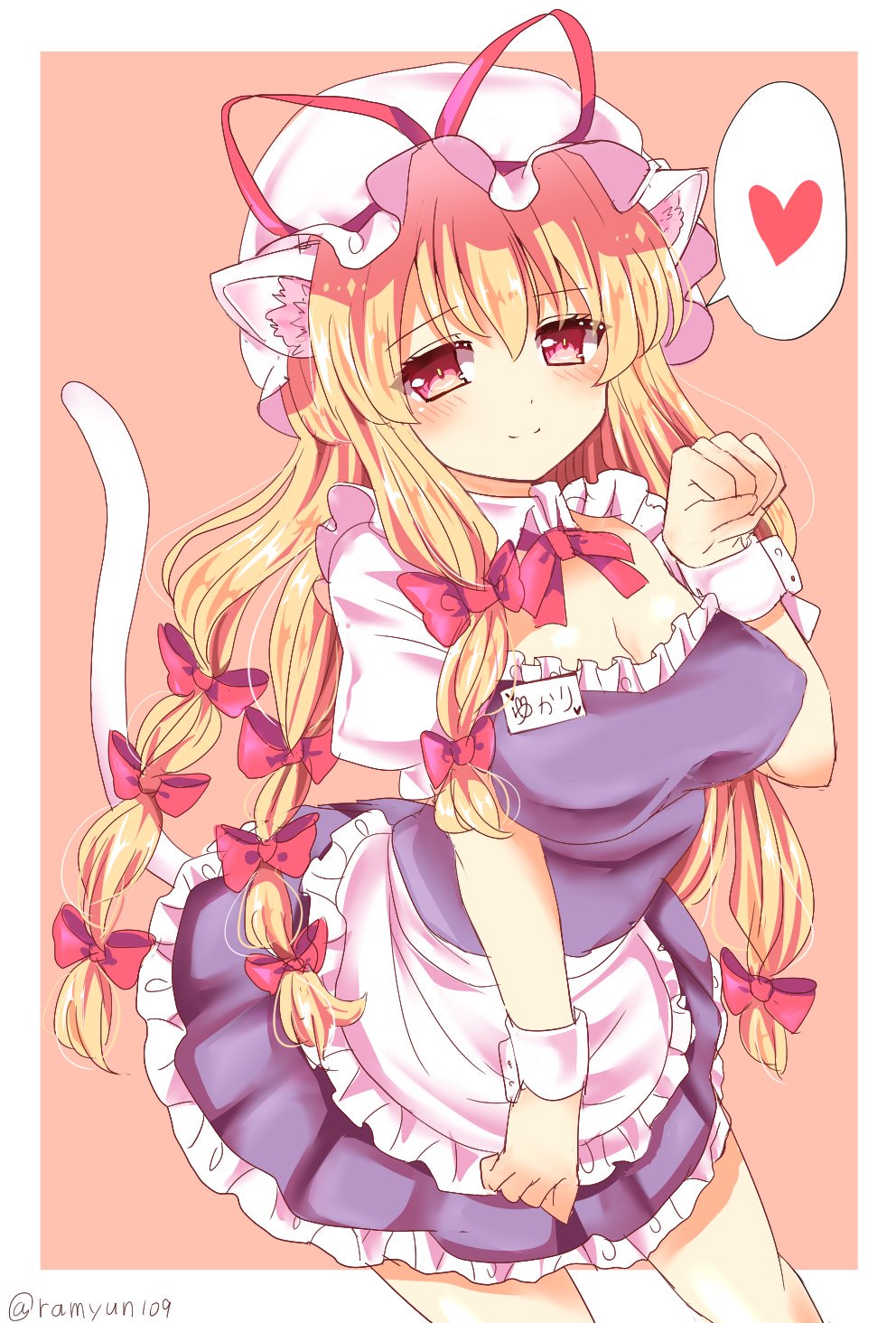1girl alternate_costume animal_ears apron bangs blonde_hair blush bow bowtie breasts cat_ears cleavage clenched_hand closed_mouth cowboy_shot eyebrows_visible_through_hair frilled_apron frills hair_between_eyes hair_bow hat heart highres kemonomimi_mode long_hair low-tied_long_hair maid medium_breasts mob_cap name_tag paw_pose ramudia_(lamyun) red_bow red_bowtie red_eyes short_sleeves sidelocks smile solo spoken_heart touhou twitter_username waist_apron white_apron white_hat wrist_cuffs yakumo_yukari