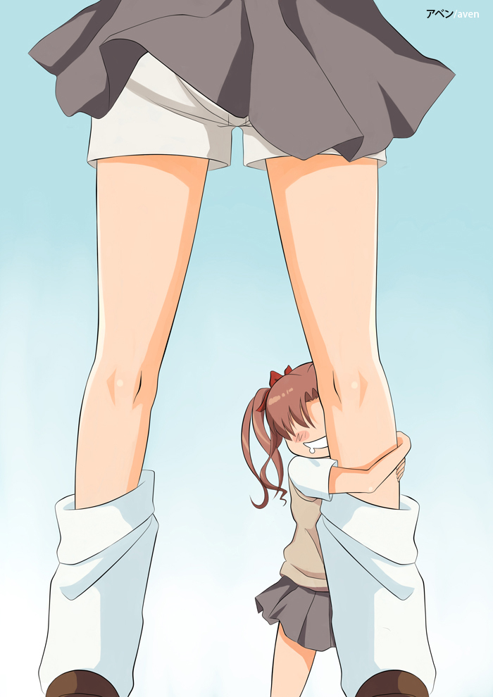 2girls aven blush brown_hair giantess hair_ribbon leg_cling legs loose_socks minigirl misaka_mikoto multiple_girls ribbon saliva school_uniform shirai_kuroko shorts skirt socks to_aru_kagaku_no_railgun to_aru_majutsu_no_index twintails