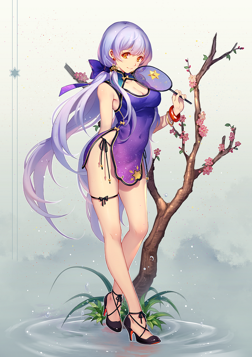 1girl bangs blue_hair bracelet breasts cherry_blossoms chinese_clothes cleavage closed_mouth earrings high_heels long_hair looking_at_viewer low_ponytail medium_breasts ribbon smile solo stardust_(vocaloid) vocaloid walking_on_water yellow_eyes