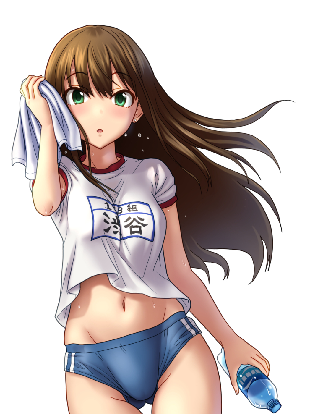 1girl alternate_costume ass_visible_through_thighs black_hair bottle buruma commentary_request dripping flying_sweatdrops green_eyes groin gym_uniform highres holding holding_bottle idolmaster idolmaster_cinderella_girls long_hair looking_at_viewer navel shibuya_rin short_sleeves simple_background sweat towel wedgie white_background wiping_sweat