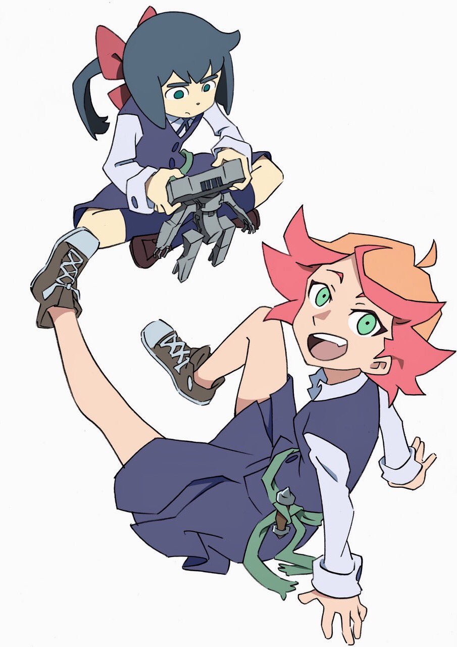 2girls ahoge amanda_o'neill arai_hiroki arm_support black_hair bow constanze_amalie_von_braunschbank-albrechtsberger fang green_eyes hair_bow highres indian_style little_witch_academia multicolored_hair multiple_girls open_mouth orange_hair ponytail redhead robot school_uniform sitting solid_eyes stanbot_(little_witch_academia) two-tone_hair white_background