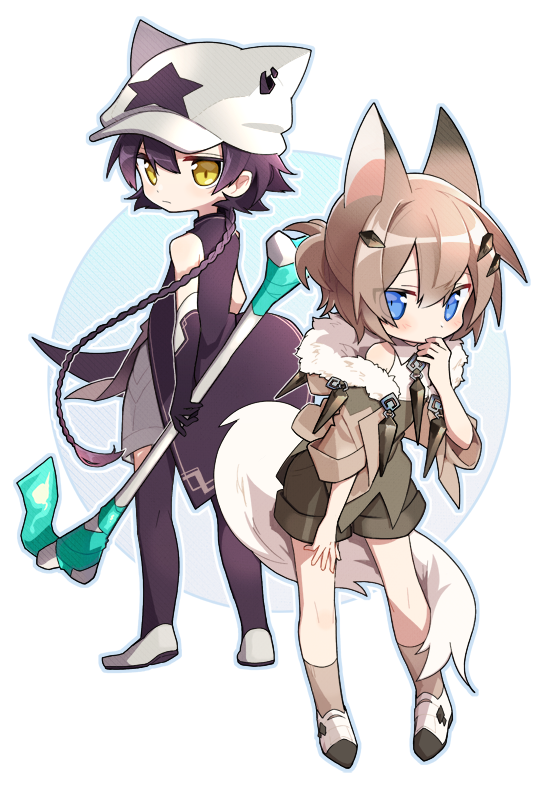 alolan_marowak ameko-107 androgynous animal_ears animal_hat blue_eyes bone braid brown_hair chibi hair_ornament hairclip hat lycanroc personification pokemon purple_hair purple_legwear shorts standing tail yellow_eyes